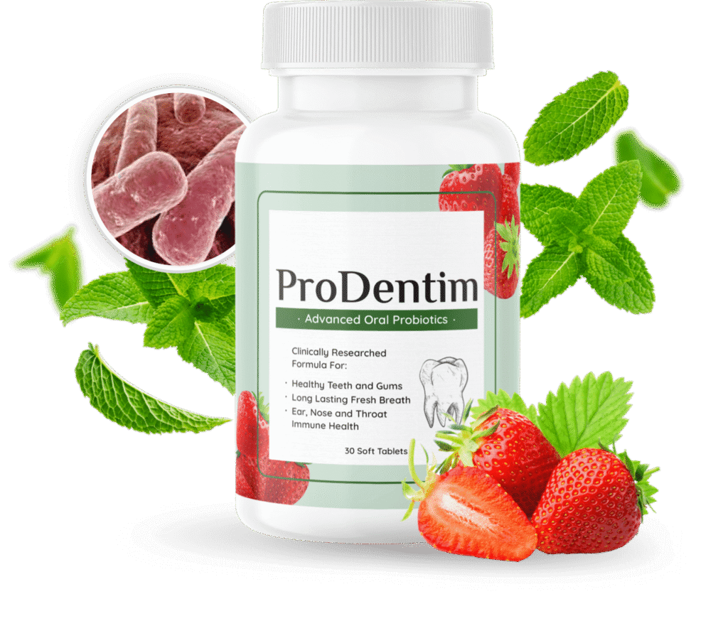 ProDentim oral probiotic supplement bottle with strawberries and mint leaves